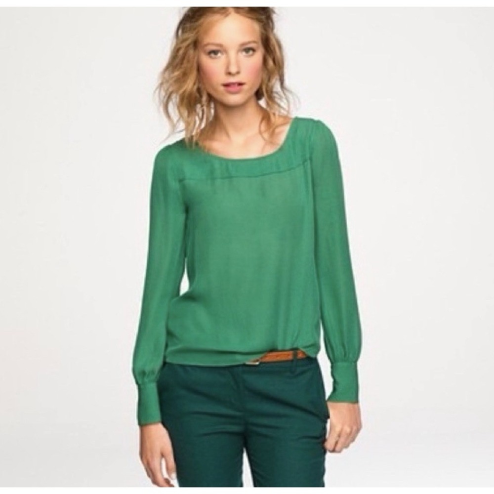 J Crew 100% Silk Talitha Top Womens 2 Green Button Keyhole Blouse Classic